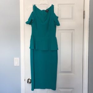 Nicole Miller Teal Cold Shoulder Peplum Dress